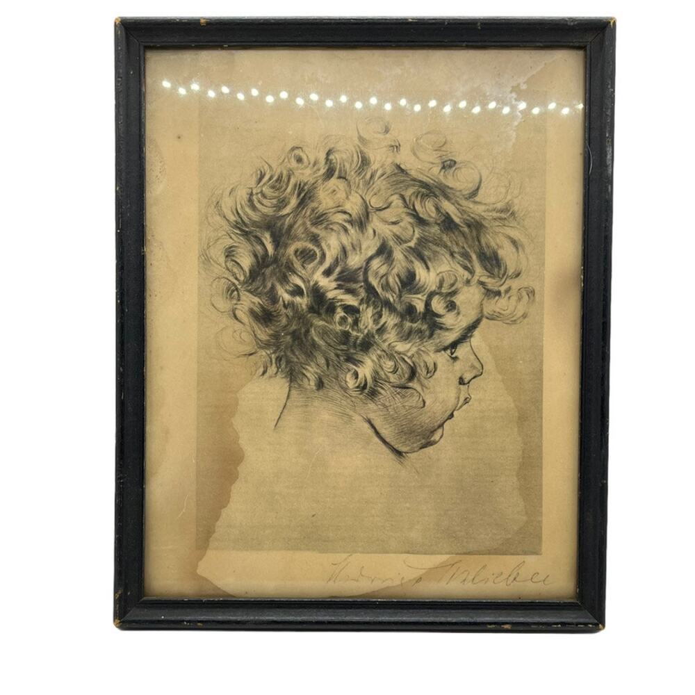 Curlylocks Baby Girl Art Print Aged, Distressed Water Marked, Art Vintage Decor